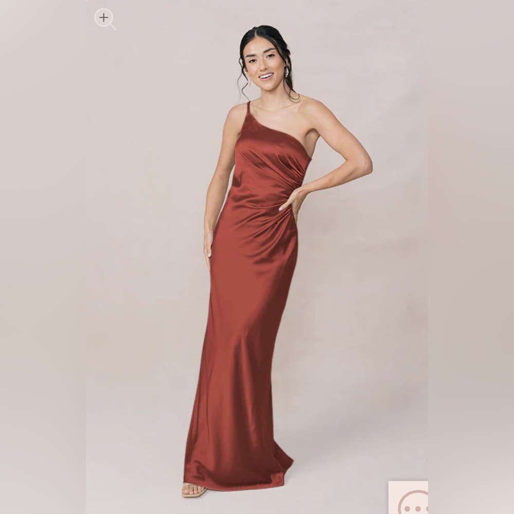Revelry Jade One Shoulder Satin Dress in Cinnamon Rose.
